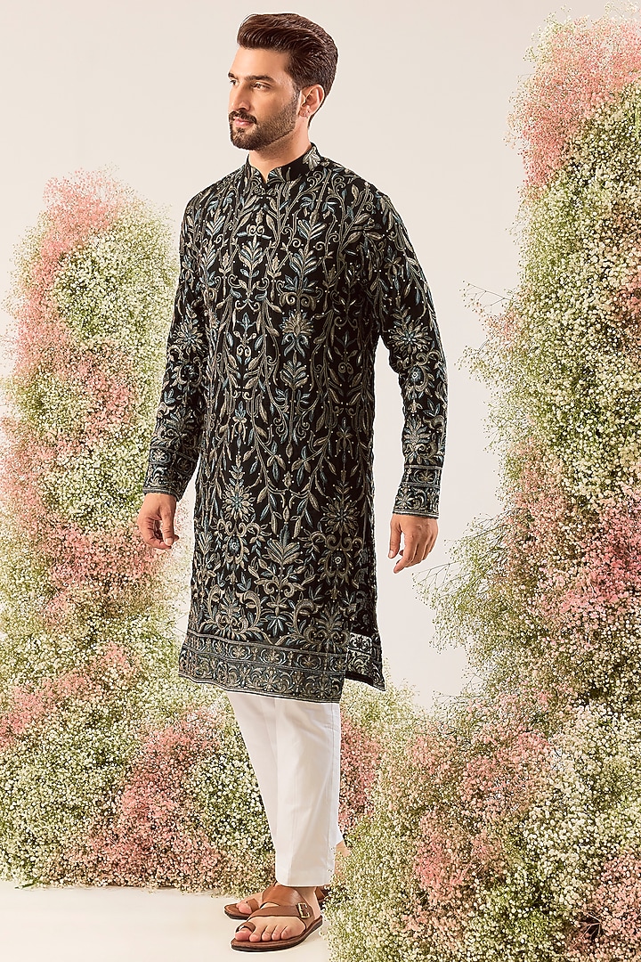 Black Georgette Chikankari Embroidered Kurta by Kasbah Clothing at Pernia's Pop Up Shop