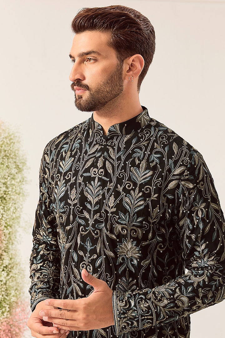 Black Georgette Chikankari Embroidered Kurta by Kasbah Clothing at Pernia's Pop Up Shop