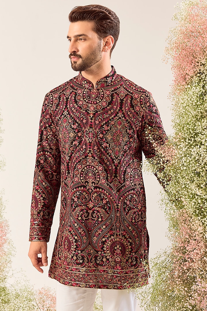 Maroon Georgette Chikankari Embroidered Short Kurta by Kasbah Clothing at Pernia's Pop Up Shop