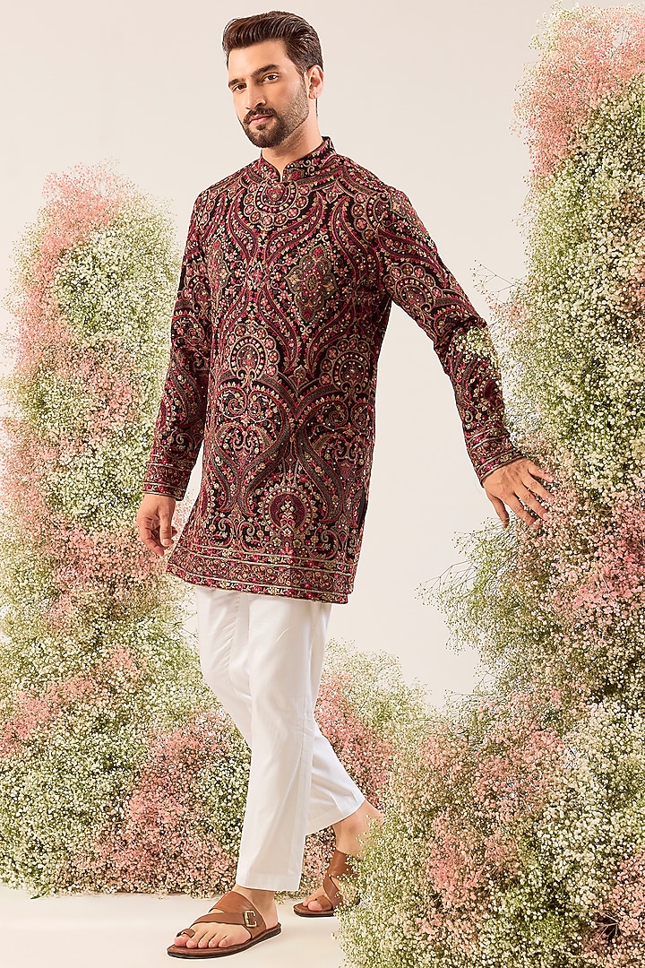 Maroon Georgette Chikankari Embroidered Short Kurta by Kasbah Clothing at Pernia's Pop Up Shop