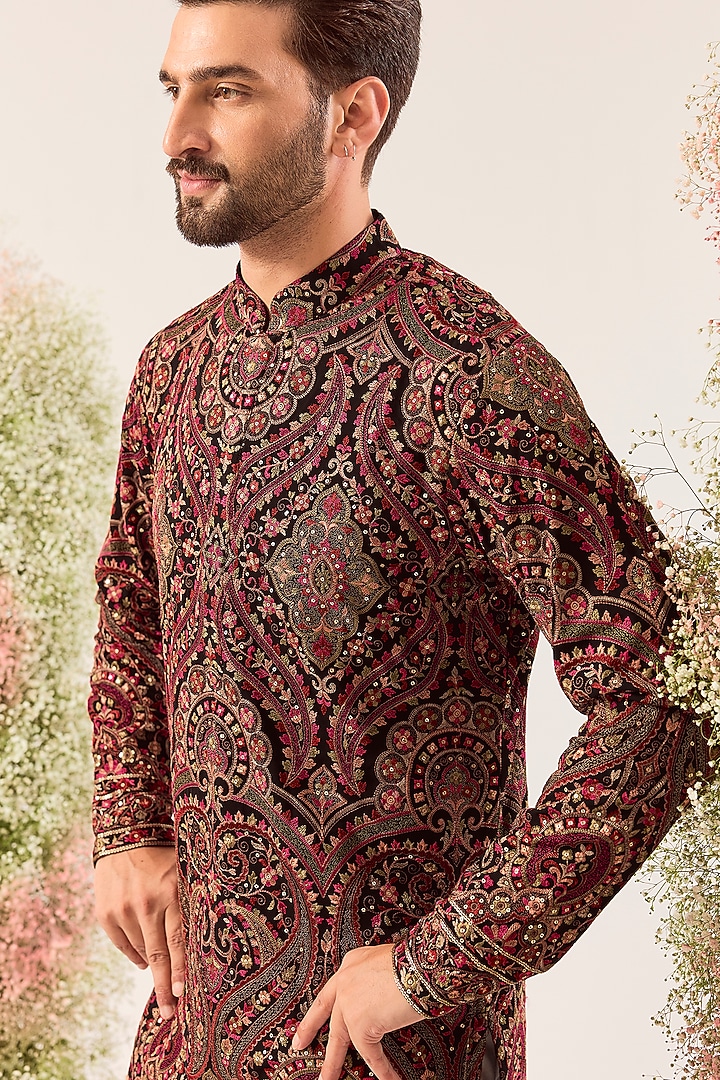 Maroon Georgette Chikankari Embroidered Short Kurta by Kasbah Clothing at Pernia's Pop Up Shop