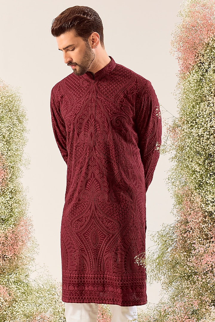 Maroon Silk Chikankari Embroidered Kurta by Kasbah Clothing at Pernia's Pop Up Shop