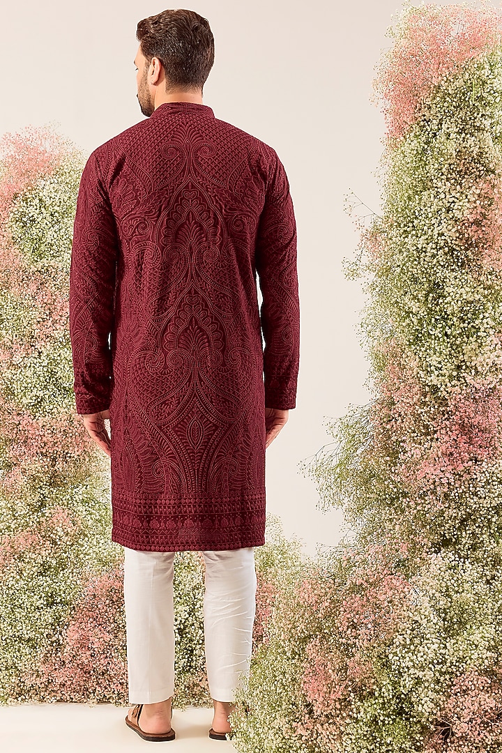 Maroon Silk Chikankari Embroidered Kurta by Kasbah Clothing at Pernia's Pop Up Shop