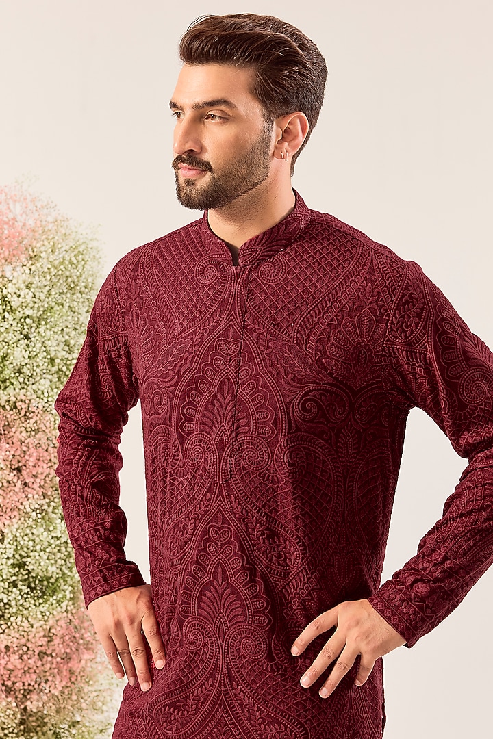 Maroon Silk Chikankari Embroidered Kurta by Kasbah Clothing at Pernia's Pop Up Shop
