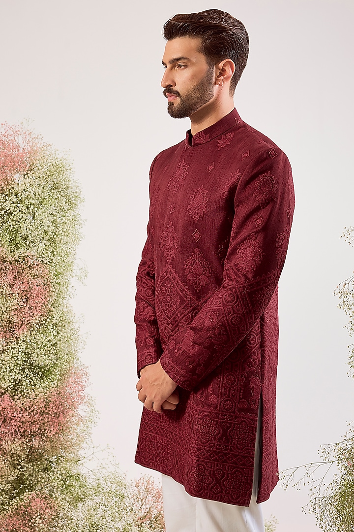Maroon Silk Chikankari Embroidered Wedding Sherwani by Kasbah Clothing at Pernia's Pop Up Shop