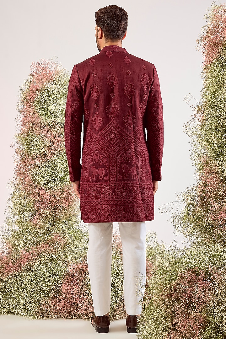 Maroon Silk Chikankari Embroidered Wedding Sherwani by Kasbah Clothing at Pernia's Pop Up Shop