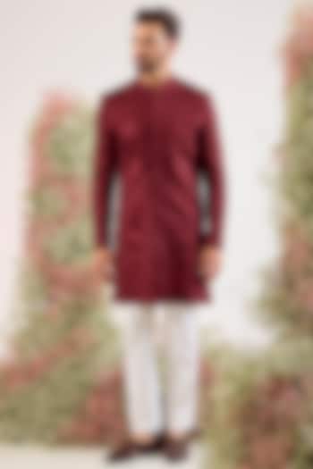 Maroon Silk Chikankari Embroidered Wedding Sherwani by Kasbah Clothing at Pernia's Pop Up Shop