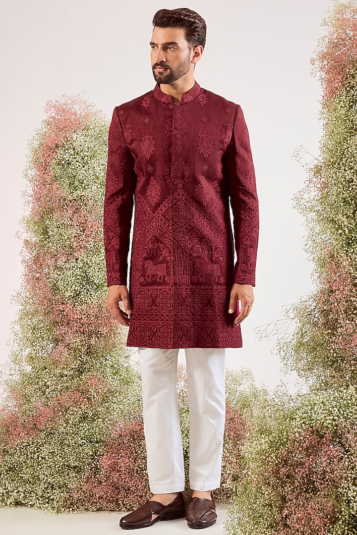 Maroon Silk Chikankari Embroidered Wedding Sherwani by Kasbah Clothing at Pernia's Pop Up Shop