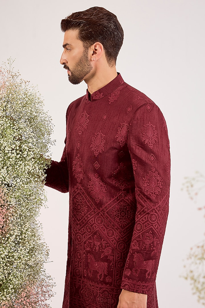 Maroon Silk Chikankari Embroidered Wedding Sherwani by Kasbah Clothing at Pernia's Pop Up Shop