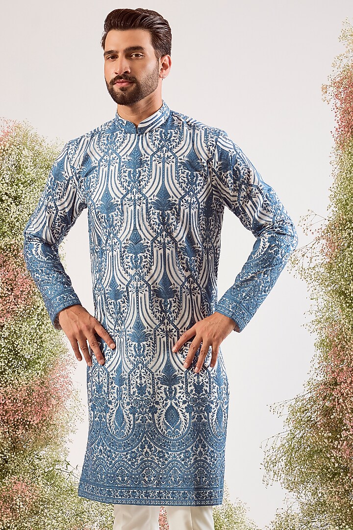 Serene Blue Organza Chikankari Embroidered Kurta by Kasbah Clothing at Pernia's Pop Up Shop
