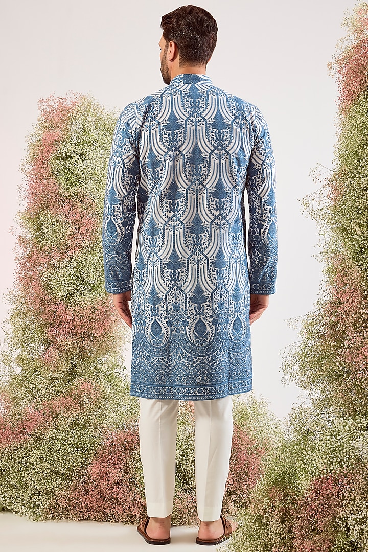 Serene Blue Organza Chikankari Embroidered Kurta by Kasbah Clothing at Pernia's Pop Up Shop