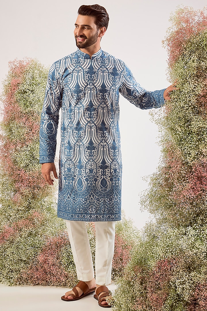 Serene Blue Organza Chikankari Embroidered Kurta by Kasbah Clothing at Pernia's Pop Up Shop