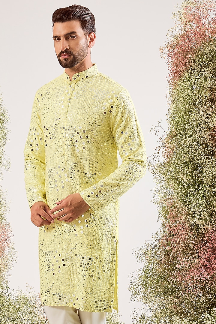 Yellow Silk Sequin Work Kurta by Kasbah Clothing at Pernia's Pop Up Shop