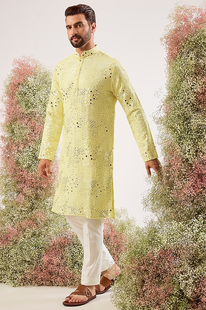 Yellow Silk Sequin Work Kurta by Kasbah Clothing at Pernia's Pop Up Shop