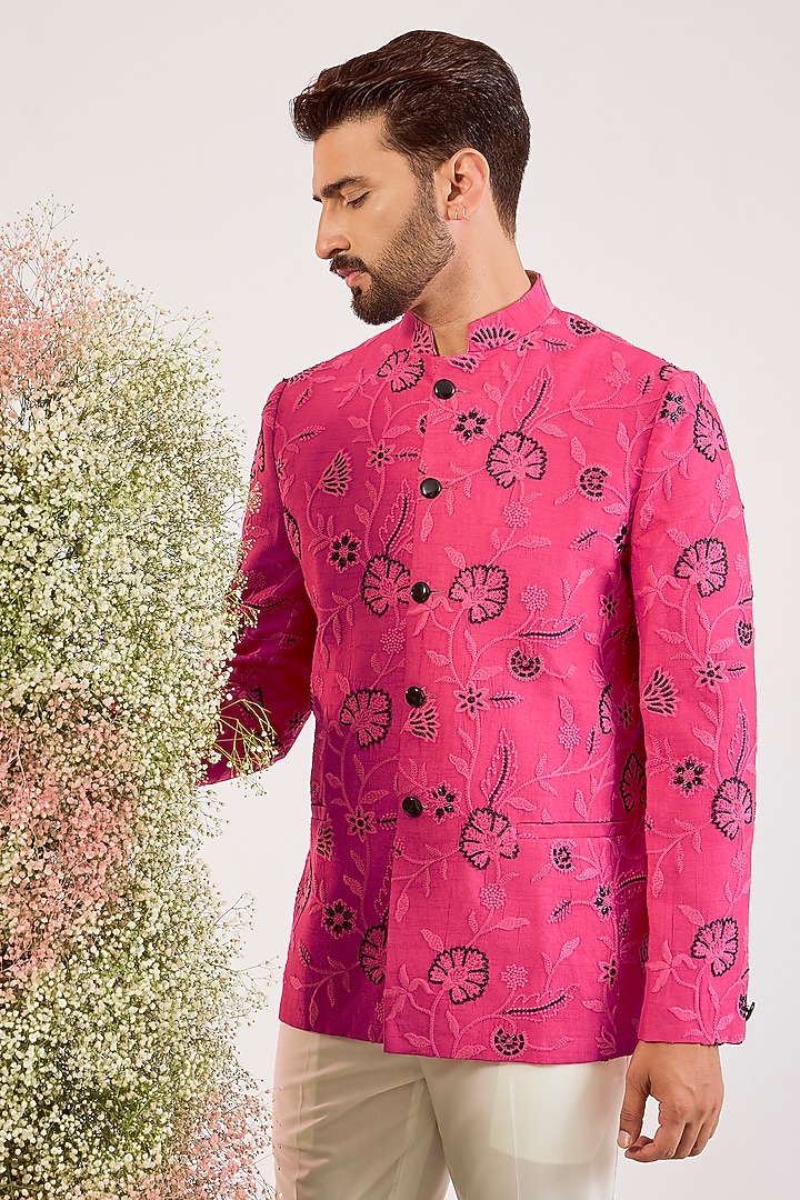 Hot Pink Silk Floral Embroidered Wedding Bandhgala by Kasbah Clothing at Pernia's Pop Up Shop