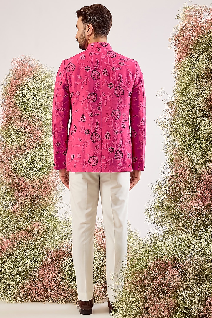 Hot Pink Silk Floral Embroidered Wedding Bandhgala by Kasbah Clothing at Pernia's Pop Up Shop