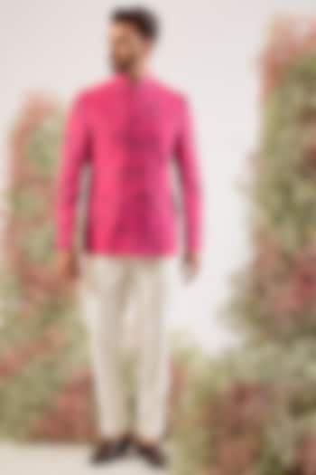 Hot Pink Silk Floral Embroidered Wedding Bandhgala by Kasbah Clothing at Pernia's Pop Up Shop