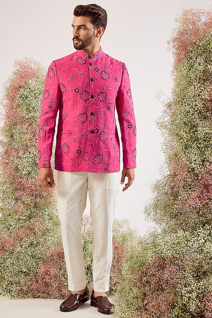 Hot Pink Silk Floral Embroidered Wedding Bandhgala by Kasbah Clothing at Pernia's Pop Up Shop