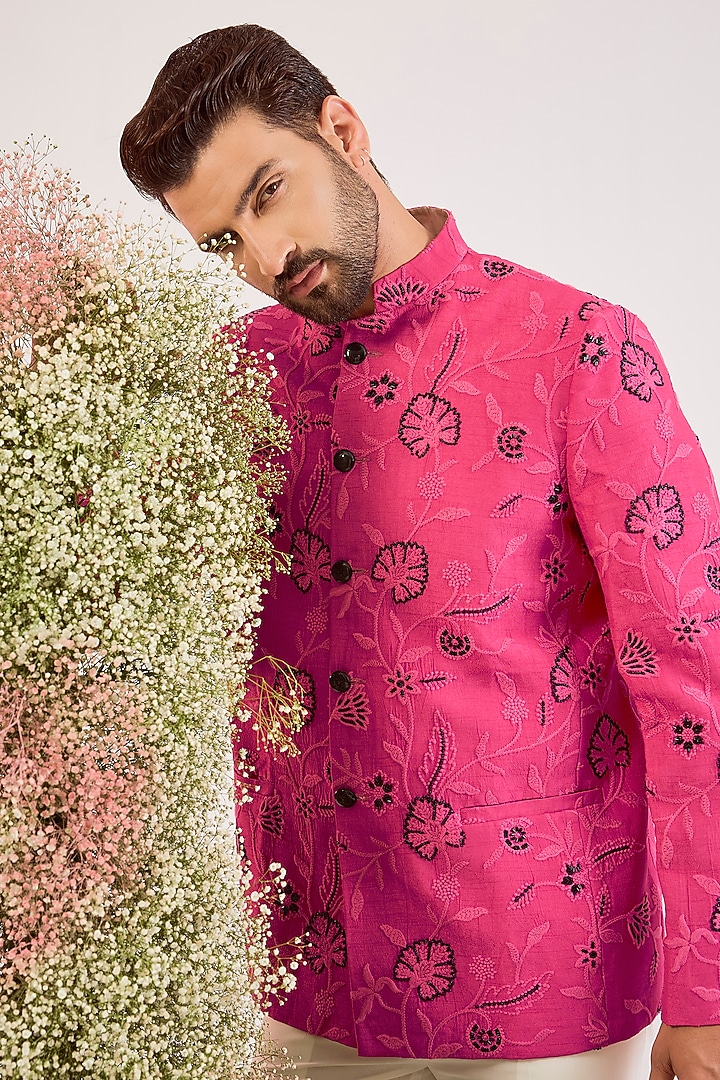Hot Pink Silk Floral Embroidered Wedding Bandhgala by Kasbah Clothing at Pernia's Pop Up Shop