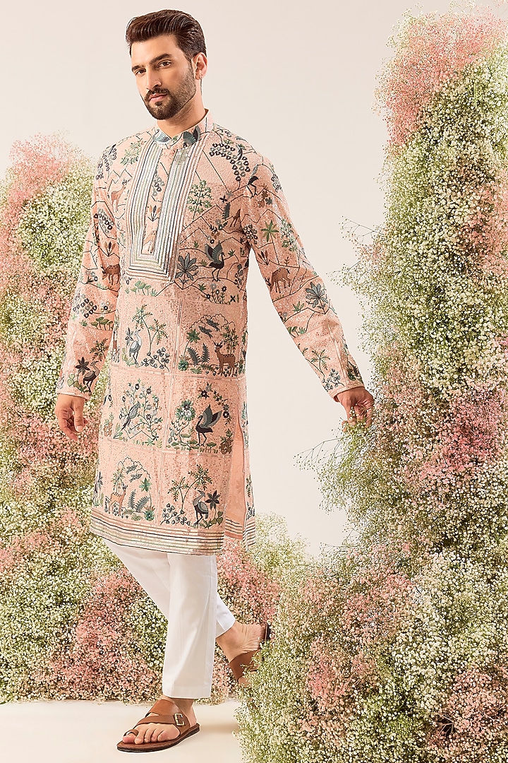 Peach Georgette Sequin Embroidered Kurta by Kasbah Clothing at Pernia's Pop Up Shop