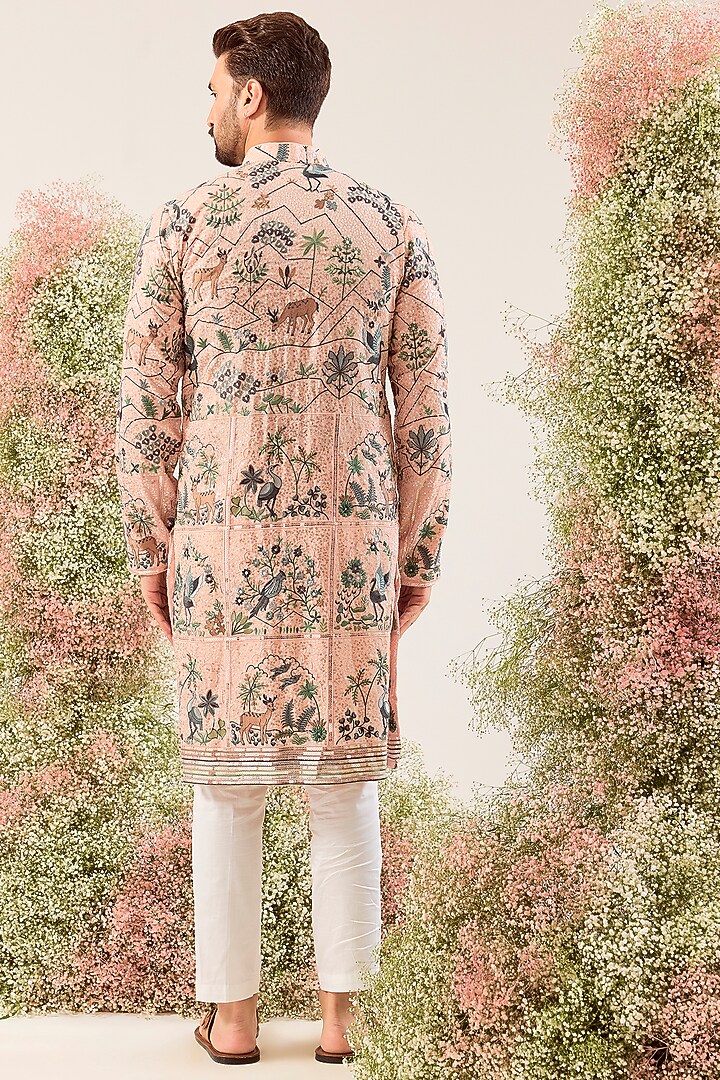 Peach Georgette Sequin Embroidered Kurta by Kasbah Clothing at Pernia's Pop Up Shop
