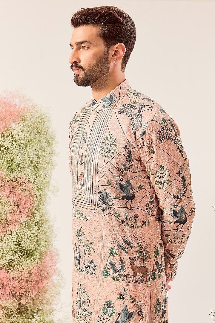 Peach Georgette Sequin Embroidered Kurta by Kasbah Clothing at Pernia's Pop Up Shop