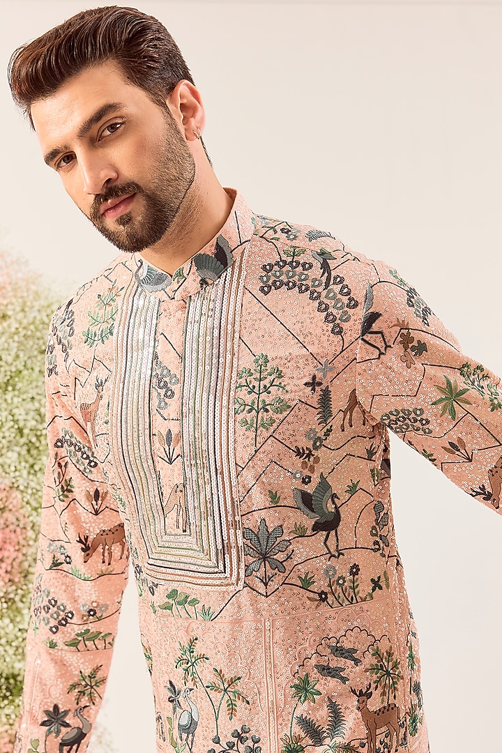 Peach Georgette Sequin Embroidered Kurta by Kasbah Clothing at Pernia's Pop Up Shop
