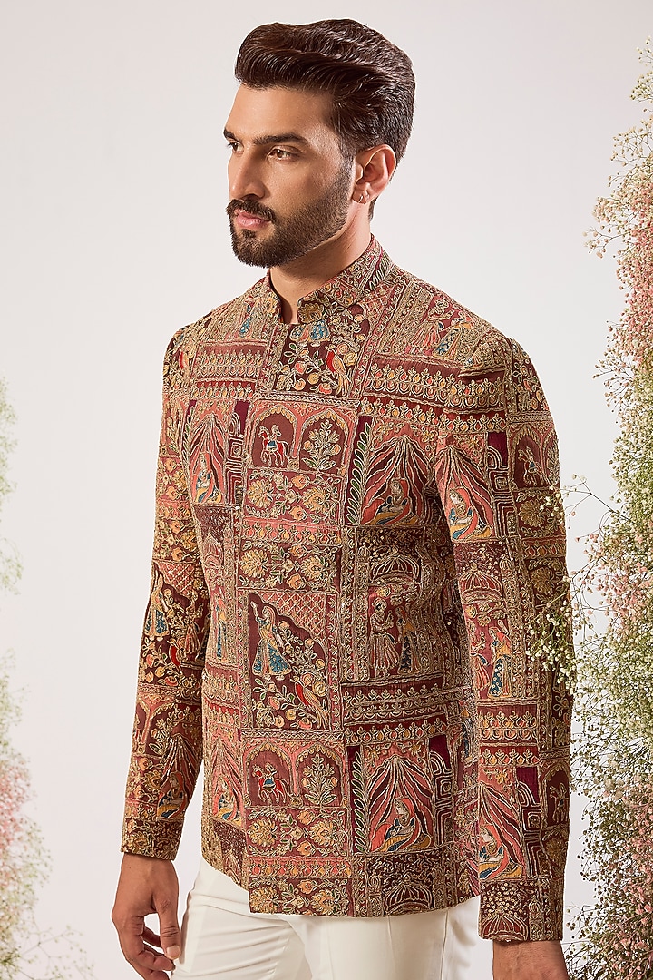 Mauve Taupe Georgette Embroidered Wedding Bandhgala by Kasbah Clothing at Pernia's Pop Up Shop
