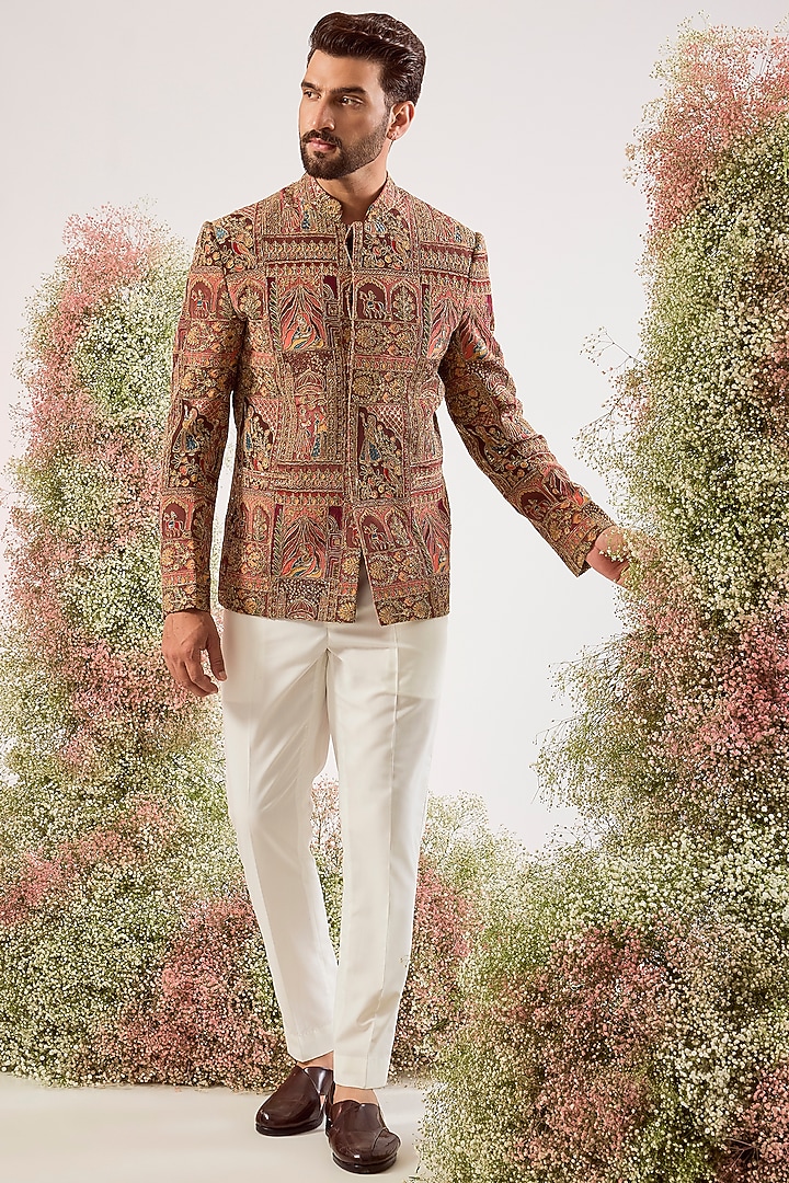 Mauve Taupe Georgette Embroidered Wedding Bandhgala by Kasbah Clothing at Pernia's Pop Up Shop