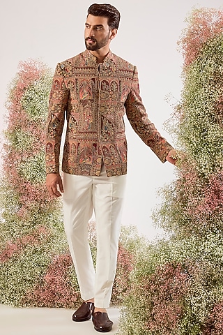 Mauve Taupe Georgette Embroidered Bandhgala by Kasbah Clothing