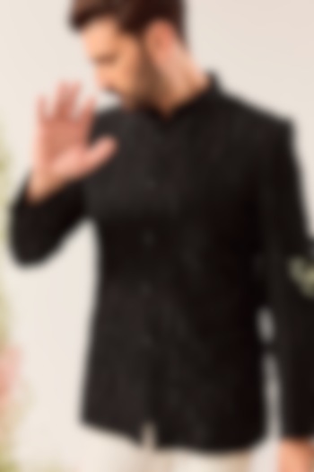 Black Silk Cutdana Work Wedding Bandhgala by Kasbah Clothing at Pernia's Pop Up Shop