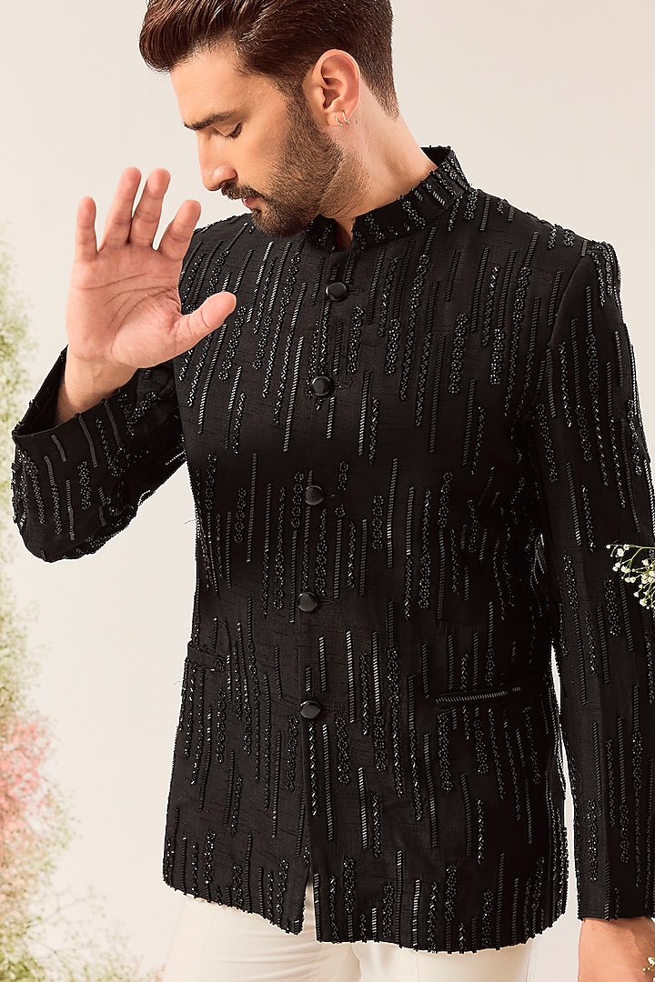 Black Silk Cutdana Work Wedding Bandhgala by Kasbah Clothing at Pernia's Pop Up Shop