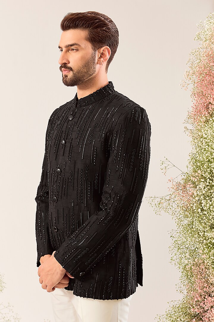 Black Silk Cutdana Work Wedding Bandhgala by Kasbah Clothing at Pernia's Pop Up Shop