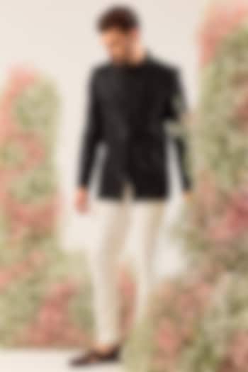 Black Silk Cutdana Work Wedding Bandhgala by Kasbah Clothing at Pernia's Pop Up Shop