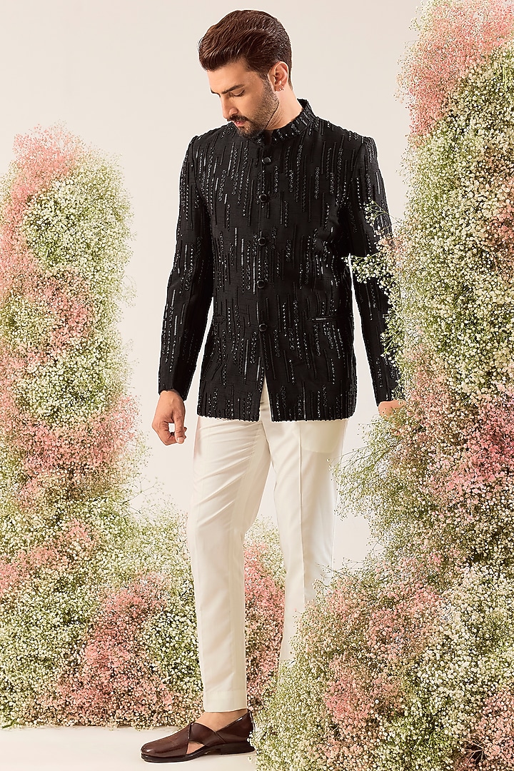 Black Silk Cutdana Work Wedding Bandhgala by Kasbah Clothing at Pernia's Pop Up Shop