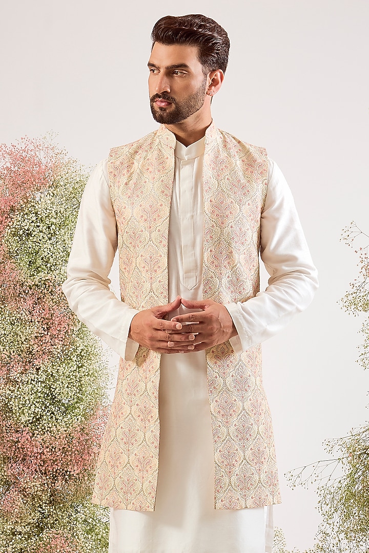 Beige & Gold Silk Chikankari Embroidered Long Jacket by Kasbah Clothing at Pernia's Pop Up Shop