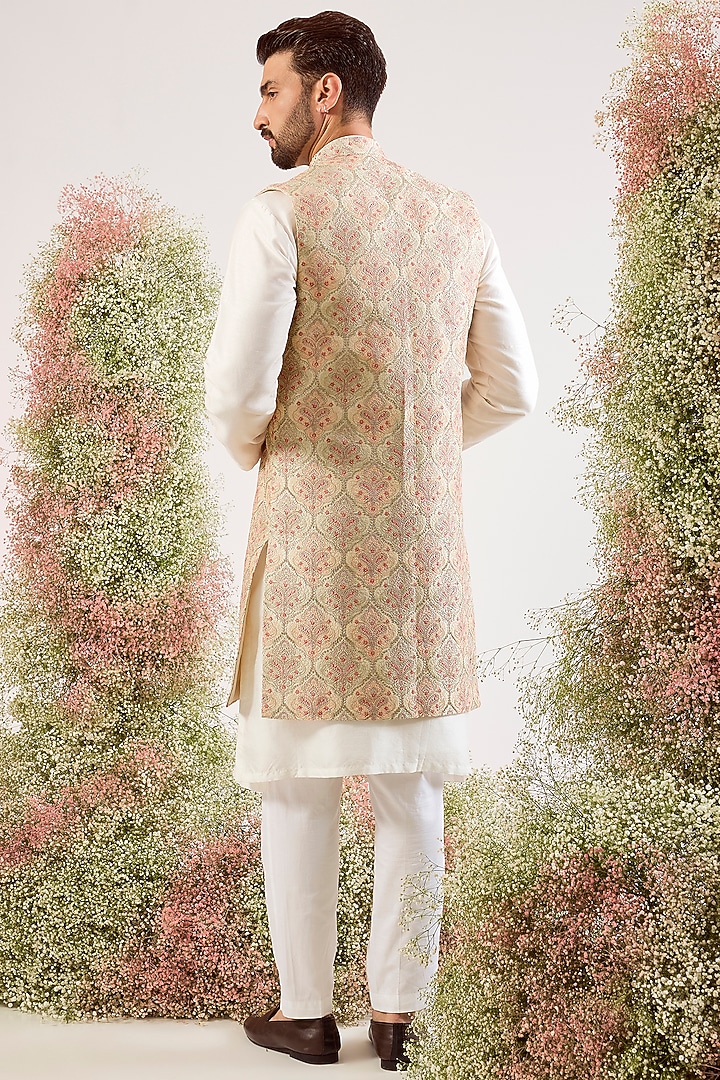 Beige & Gold Silk Chikankari Embroidered Long Jacket by Kasbah Clothing at Pernia's Pop Up Shop