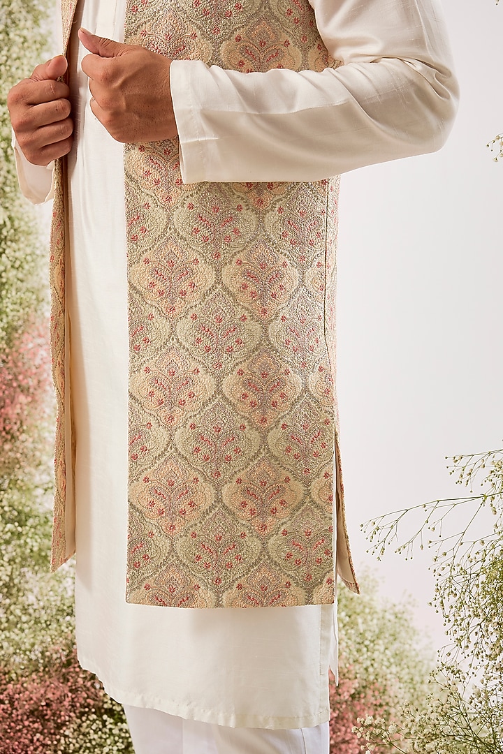 Beige & Gold Silk Chikankari Embroidered Long Jacket by Kasbah Clothing at Pernia's Pop Up Shop