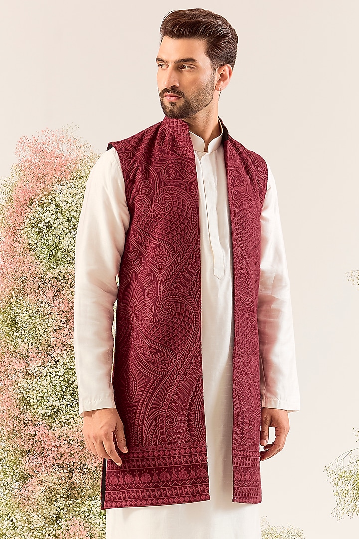 Maroon Silk Kashmiri Embroidered Long Jacket by Kasbah Clothing at Pernia's Pop Up Shop