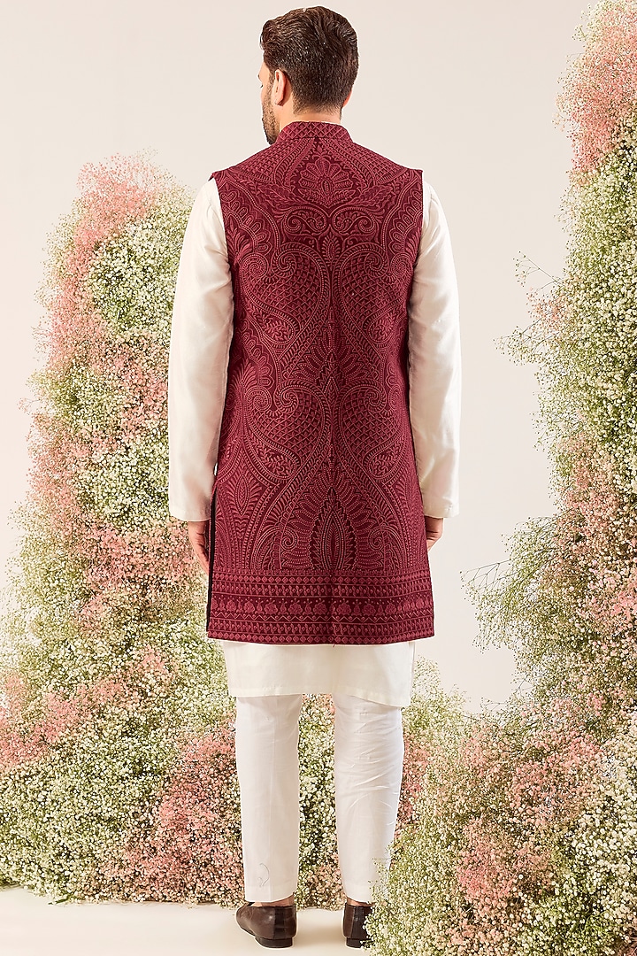 Maroon Silk Kashmiri Embroidered Long Jacket by Kasbah Clothing at Pernia's Pop Up Shop