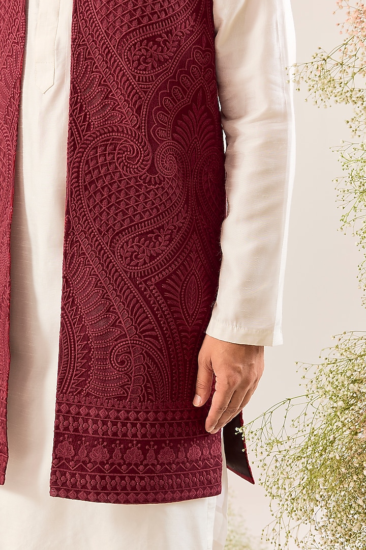 Maroon Silk Kashmiri Embroidered Long Jacket by Kasbah Clothing at Pernia's Pop Up Shop