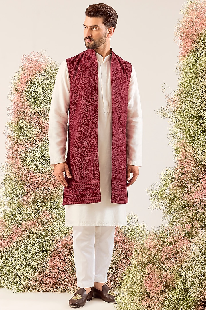 Maroon Silk Kashmiri Embroidered Long Jacket by Kasbah Clothing at Pernia's Pop Up Shop