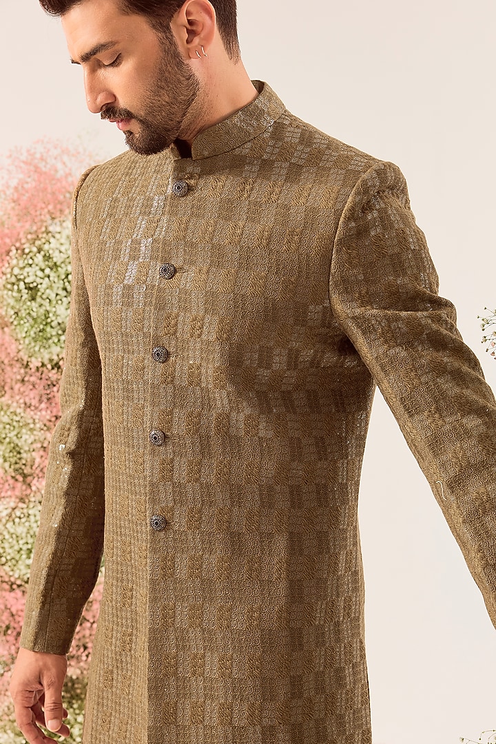 Brown Silk Thread & Sequin Work Wedding Indowestern by Kasbah Clothing at Pernia's Pop Up Shop