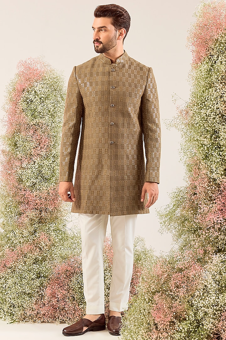 Brown Silk Thread & Sequin Work Wedding Indowestern by Kasbah Clothing at Pernia's Pop Up Shop