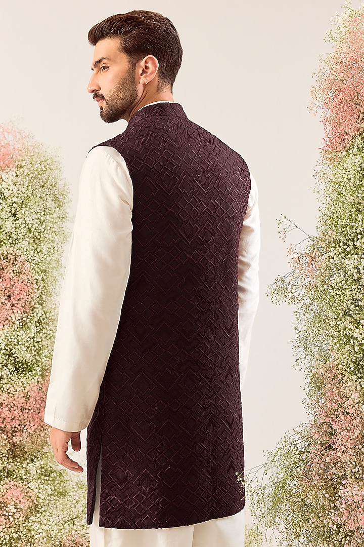 Wine Silk Thread Embroidered Long Jacket by Kasbah Clothing at Pernia's Pop Up Shop