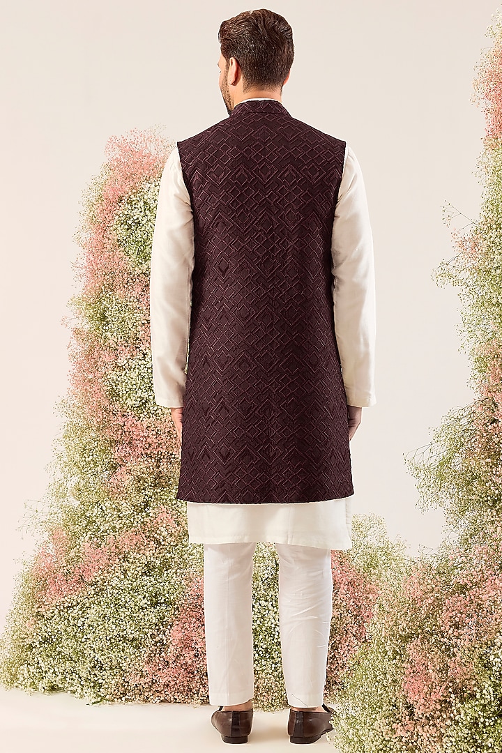 Wine Silk Thread Embroidered Long Jacket by Kasbah Clothing at Pernia's Pop Up Shop