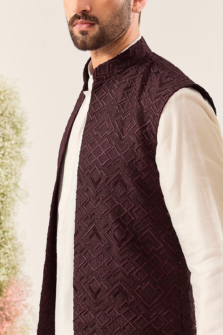 Wine Silk Thread Embroidered Long Jacket by Kasbah Clothing at Pernia's Pop Up Shop