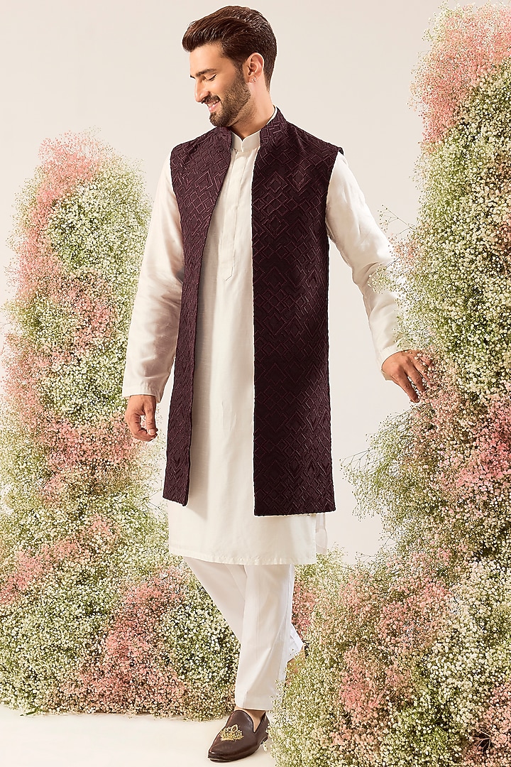 Wine Silk Thread Embroidered Long Jacket by Kasbah Clothing at Pernia's Pop Up Shop