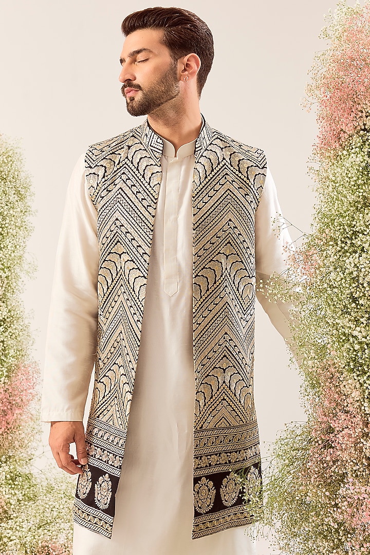 Black Silk Thread & Zari Work Long Jacket by Kasbah Clothing at Pernia's Pop Up Shop