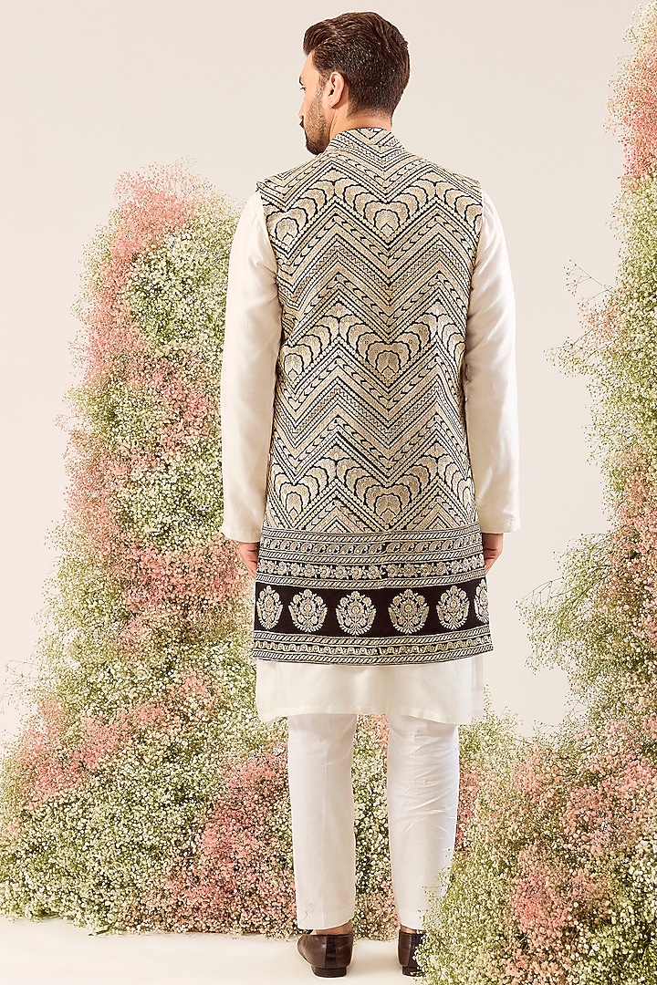 Black Silk Thread & Zari Work Long Jacket by Kasbah Clothing at Pernia's Pop Up Shop
